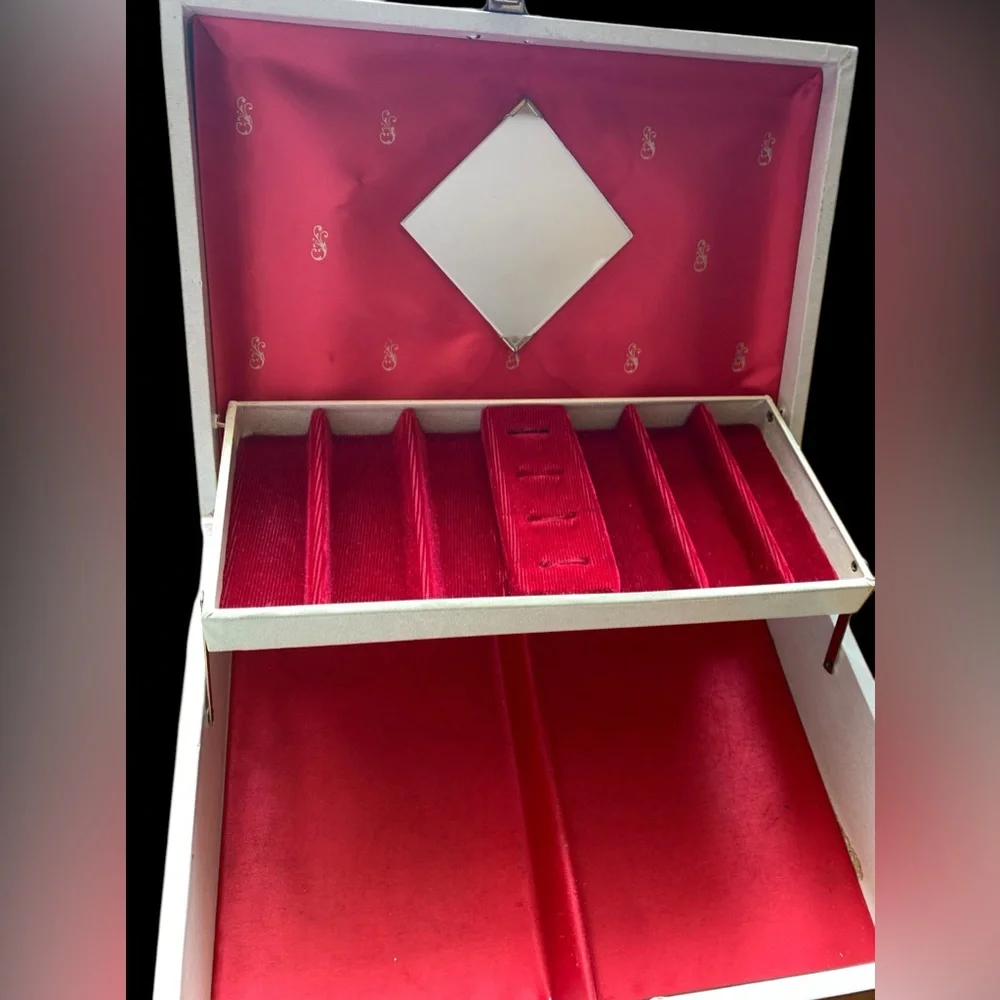 Vintage Two Tier Red Velvet Cream White Gold Flower Mirrored Jewelry Box
